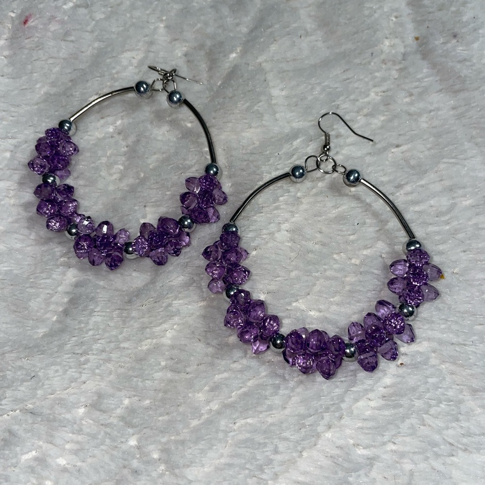 Silver and Purple Hoop Earrings with Amethyst Beads